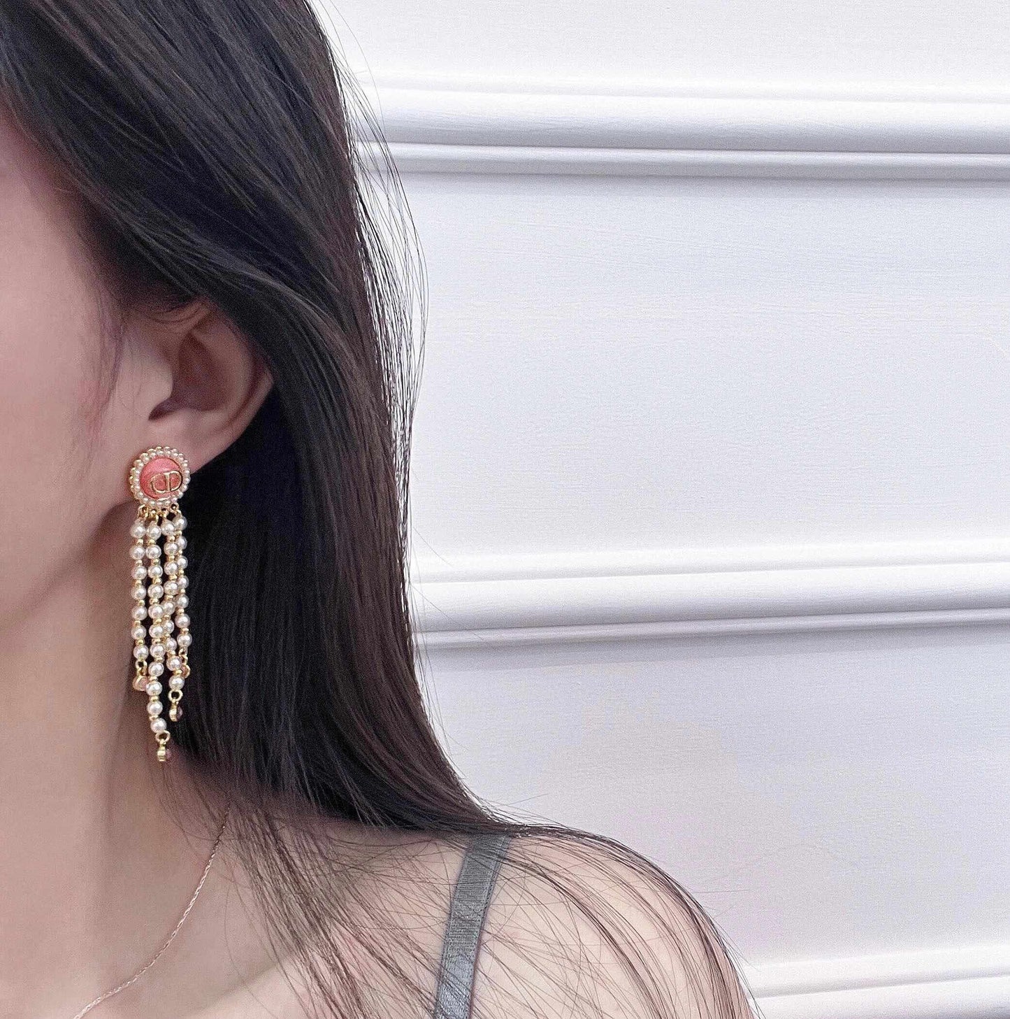 golden glass bead pearl earrings eha349