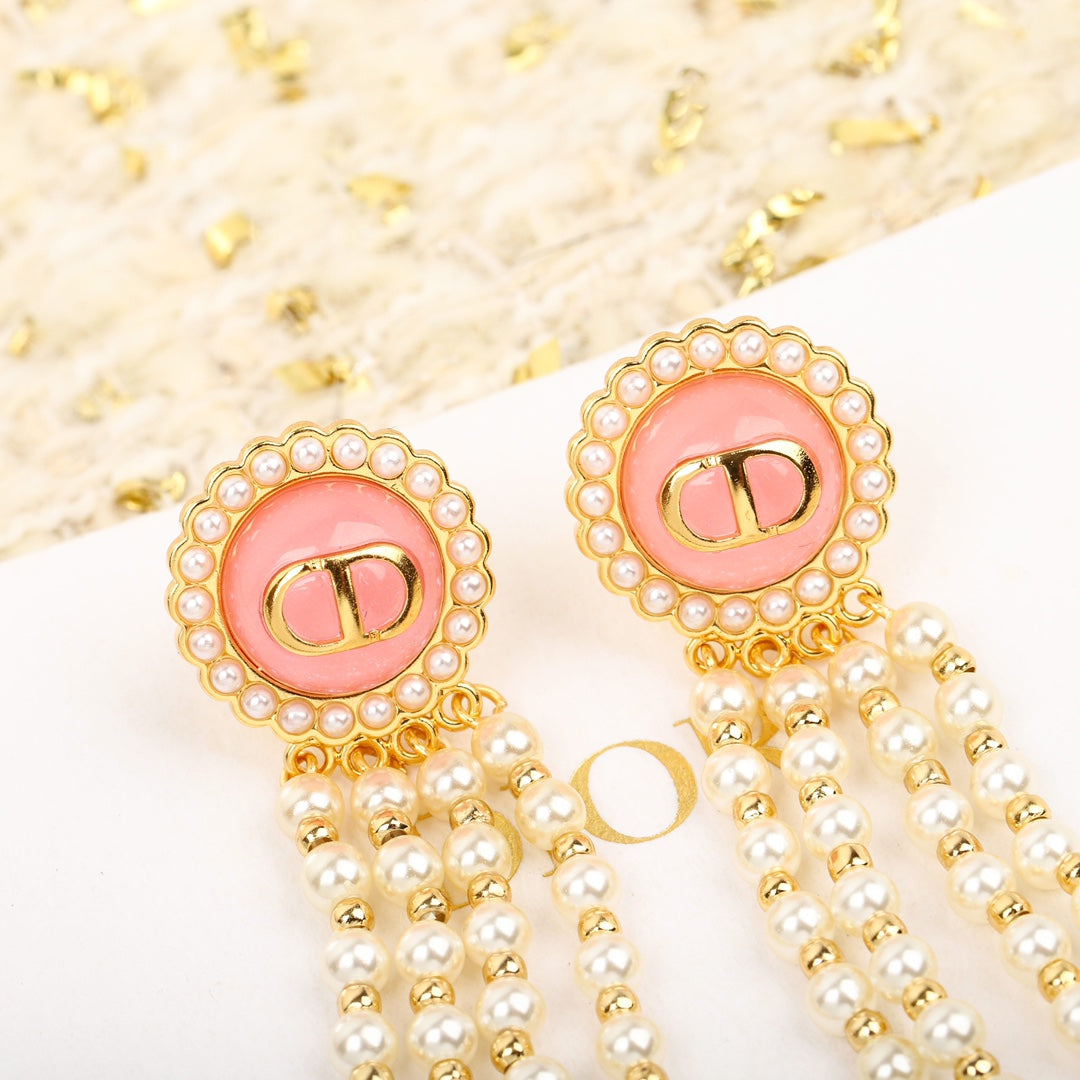 golden glass bead pearl earrings eha349