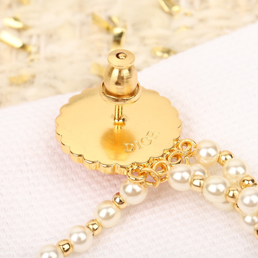golden glass bead pearl earrings eha349