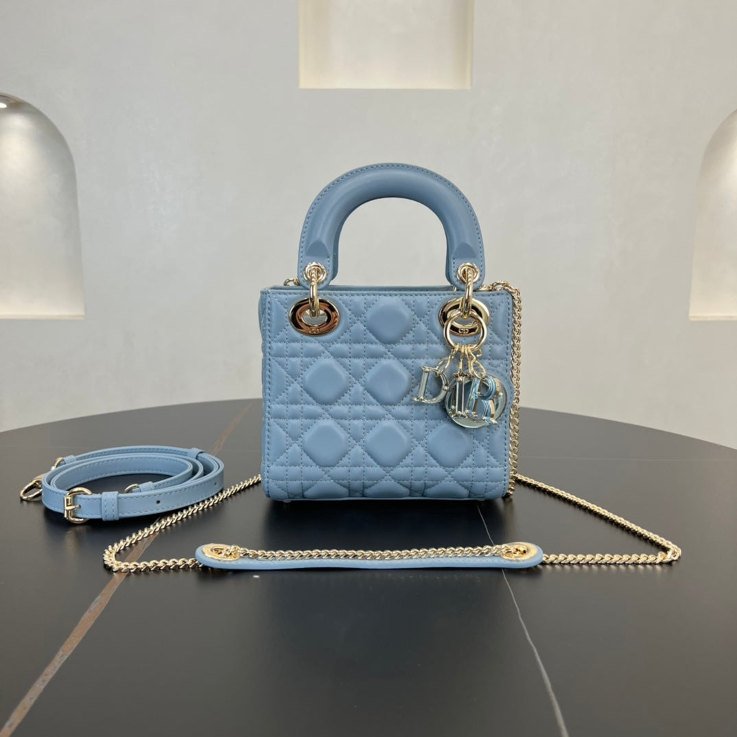 dior 17cm blue embroidered princess sheepskin 3 grid shoulder bag 282239