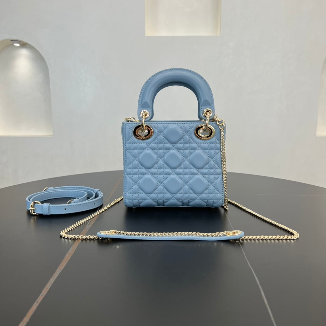 dior 17cm blue embroidered princess sheepskin 3 grid shoulder bag 282239