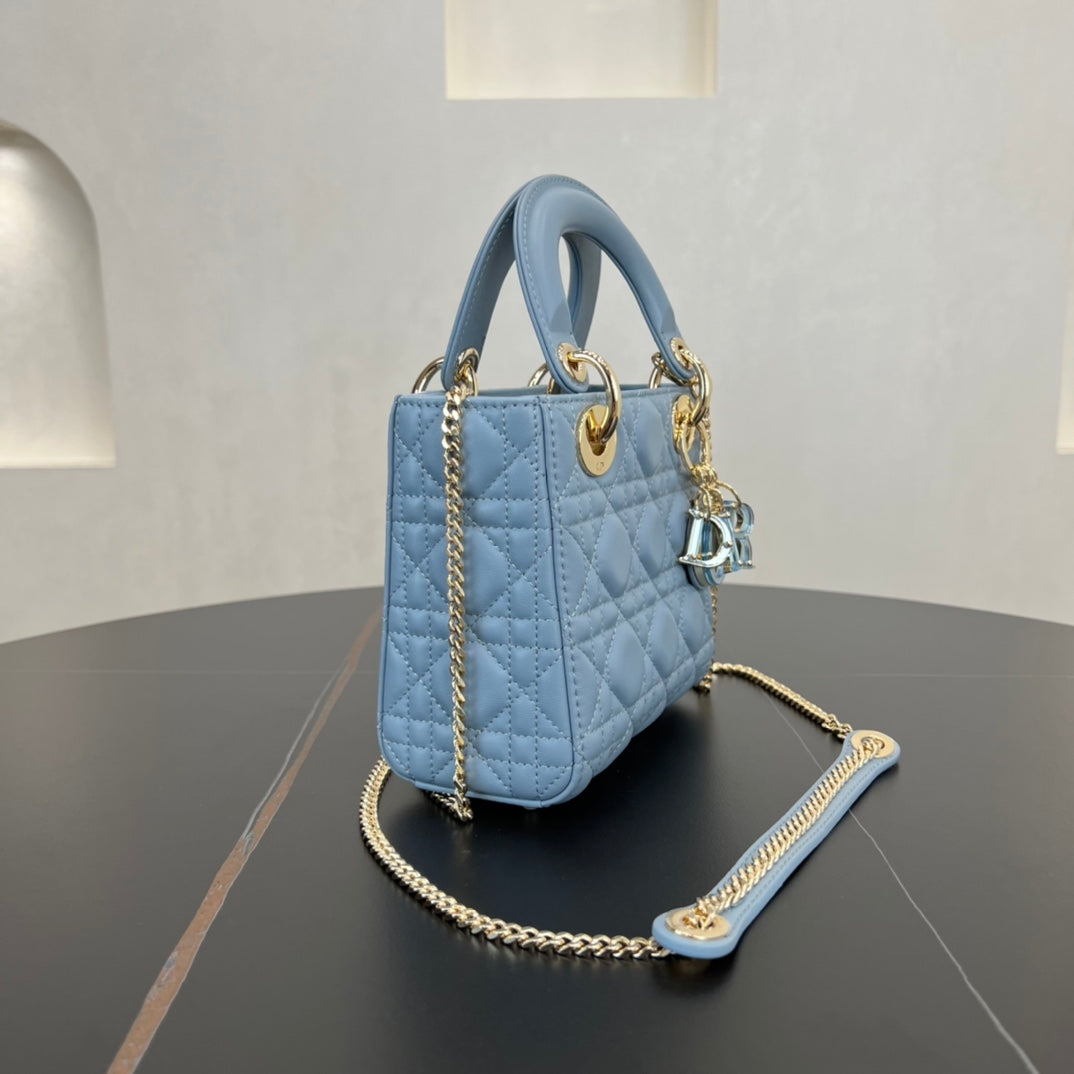 dior 17cm blue embroidered princess sheepskin 3 grid shoulder bag 282239