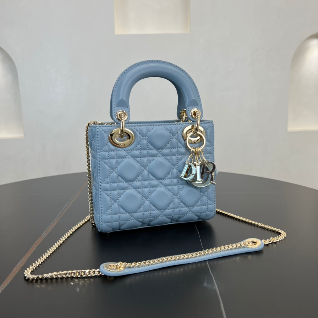 dior 17cm blue embroidered princess sheepskin 3 grid shoulder bag 282239