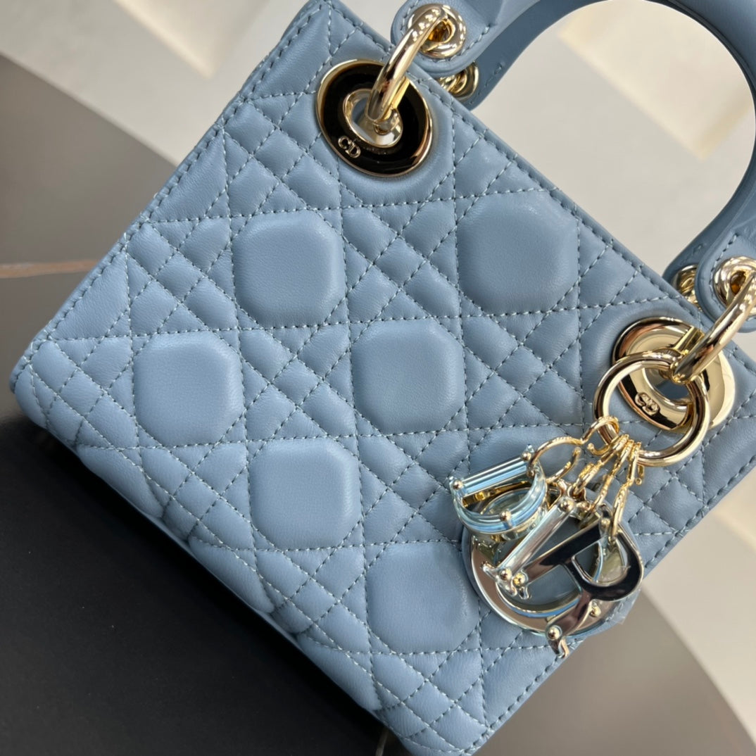 dior 17cm blue embroidered princess sheepskin 3 grid shoulder bag 282239