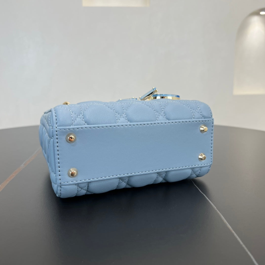 dior 17cm blue embroidered princess sheepskin 3 grid shoulder bag 282239