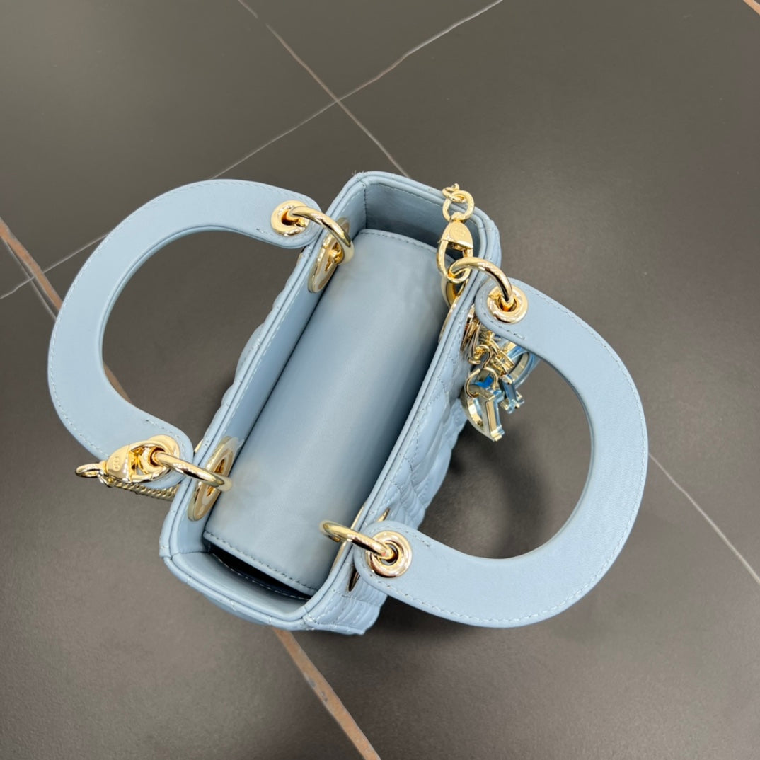 dior 17cm blue embroidered princess sheepskin 3 grid shoulder bag 282239