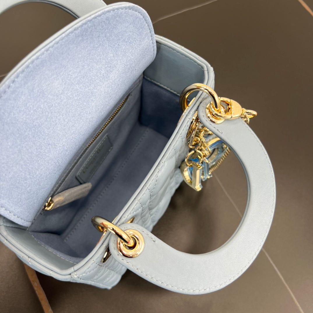 dior 17cm blue embroidered princess sheepskin 3 grid shoulder bag 282239
