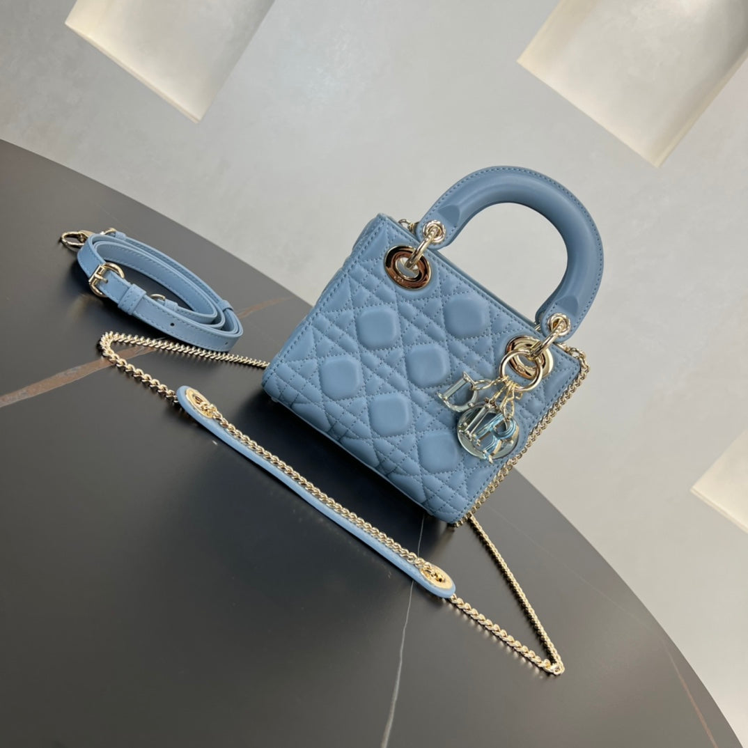 dior 17cm blue embroidered princess sheepskin 3 grid shoulder bag 282239