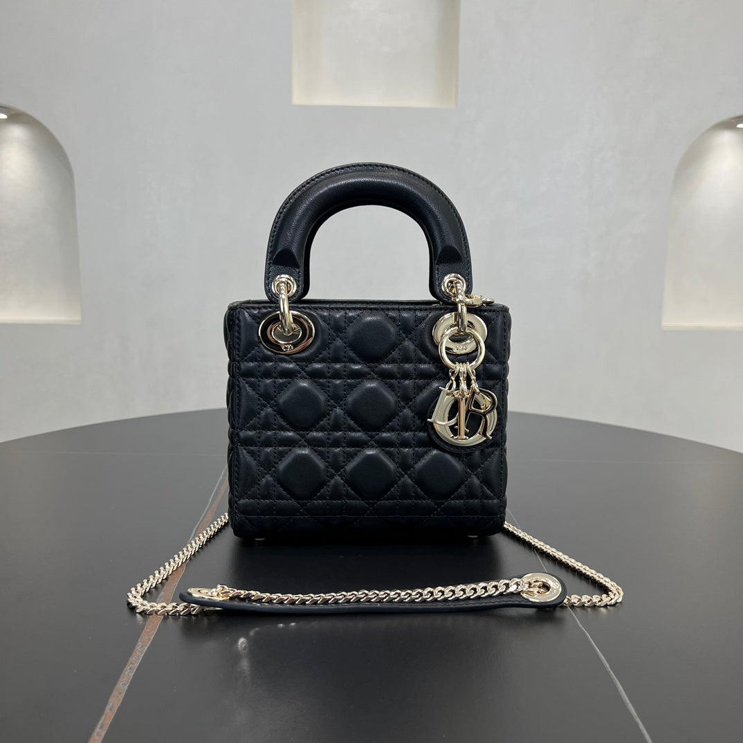 dior 17cm black vine plaid leather cross shoulder handbag