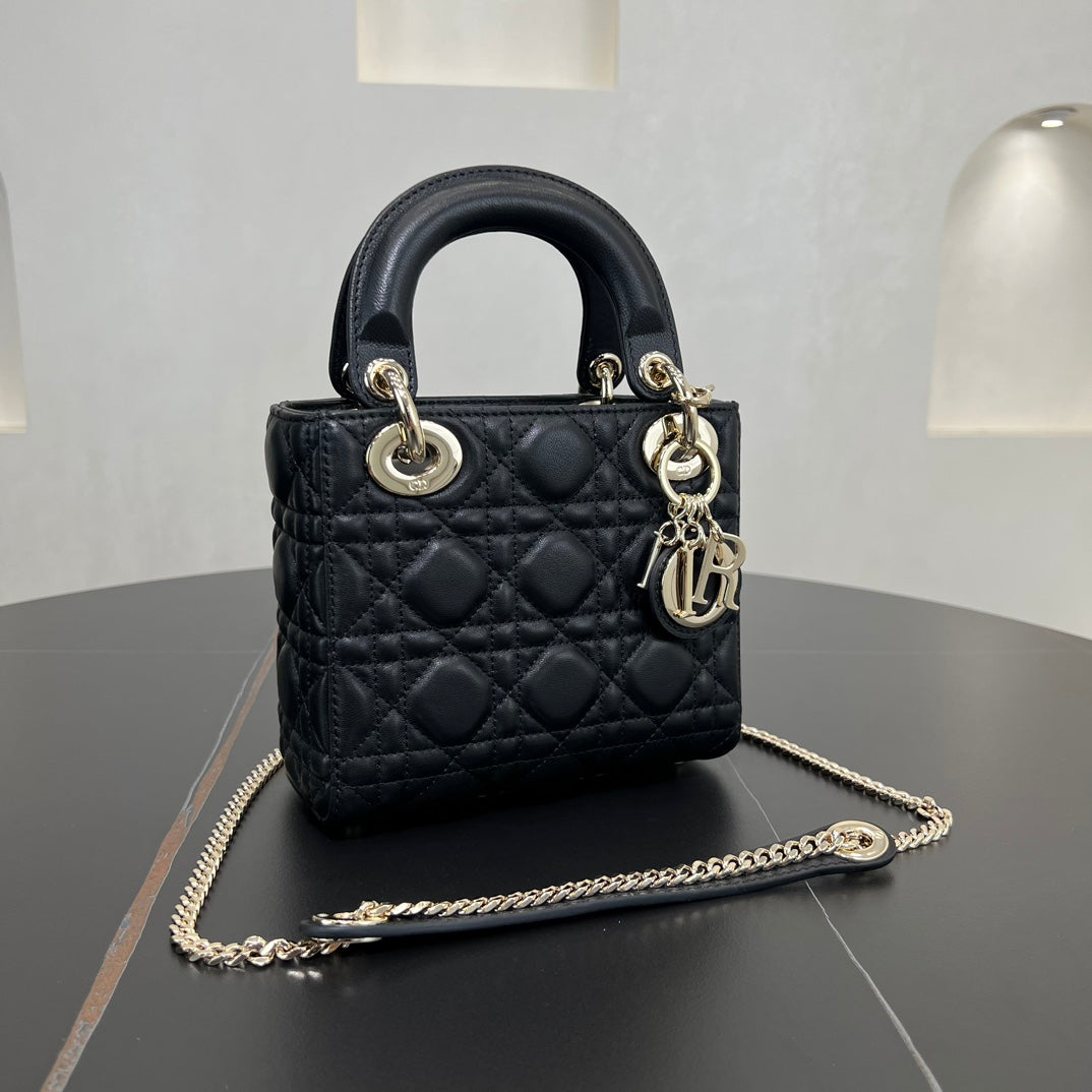 dior 17cm black vine plaid leather cross shoulder handbag