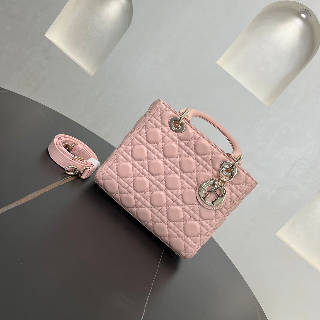 dior 24cm daifei 5 grid vine pattern pink handheld shoulder bag 278045