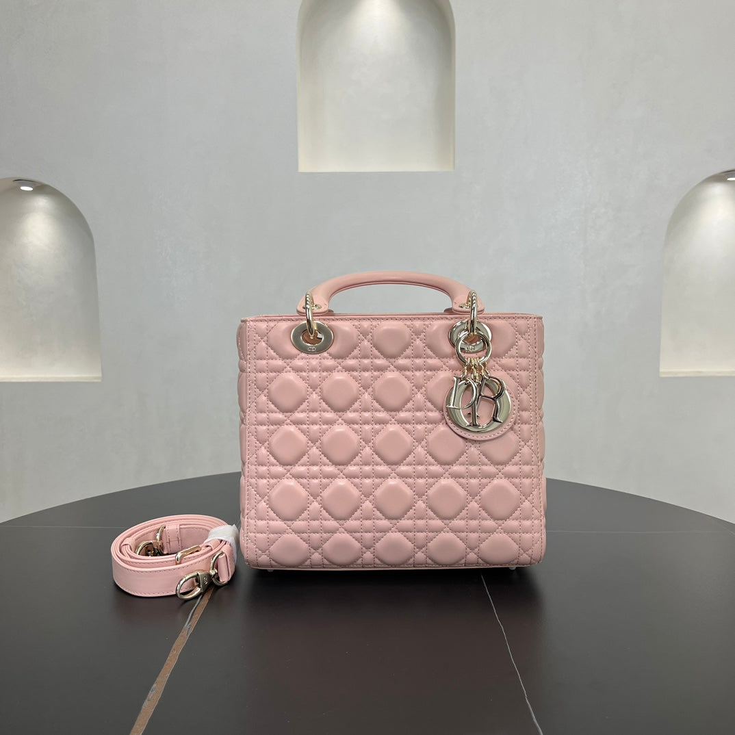 dior 24cm daifei 5 grid vine pattern pink handheld shoulder bag 278045