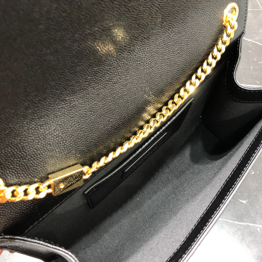 24cm black leather gold chain crossbody shoulder bag 354021