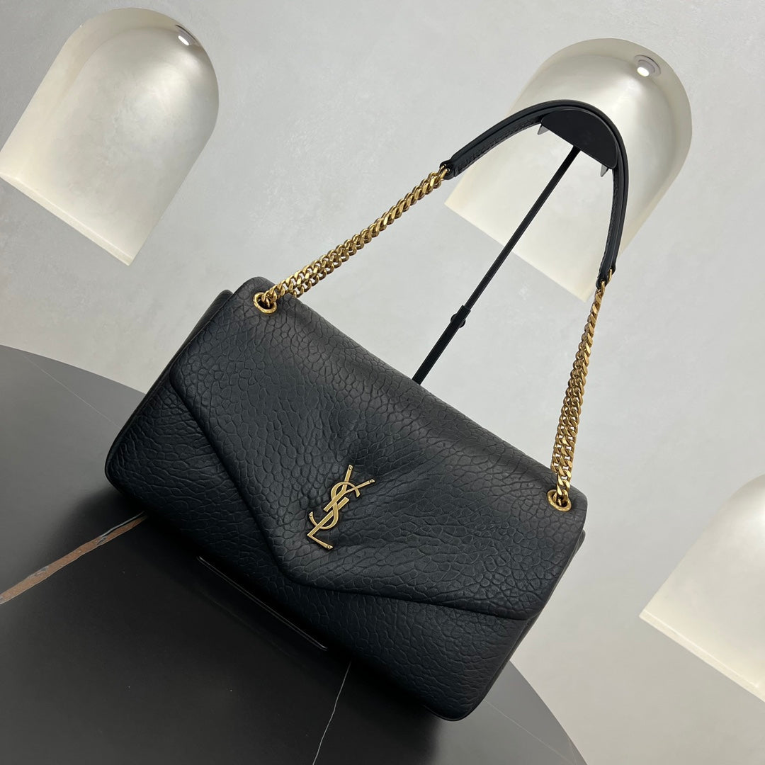 SL 38cm Calypso Black Leather Gold Chain Cross Shoulder Bag 777399