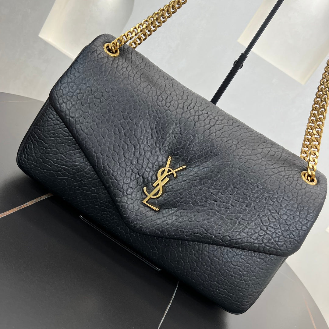 SL 38cm Calypso Black Leather Gold Chain Cross Shoulder Bag 777399