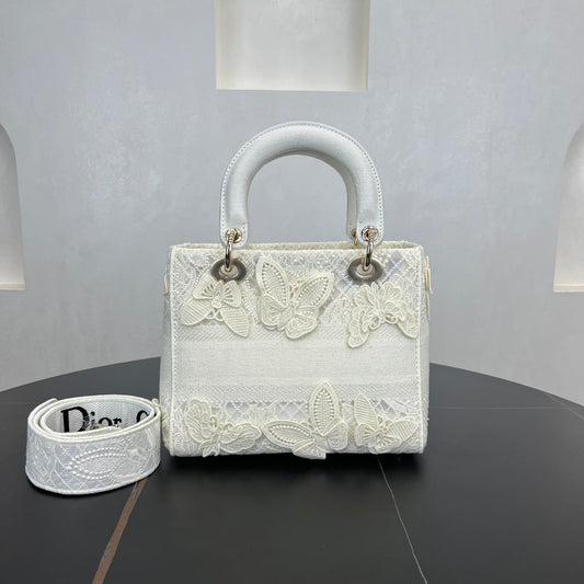 24cm lady d lite butterfly embroidered milk white handbag 280746