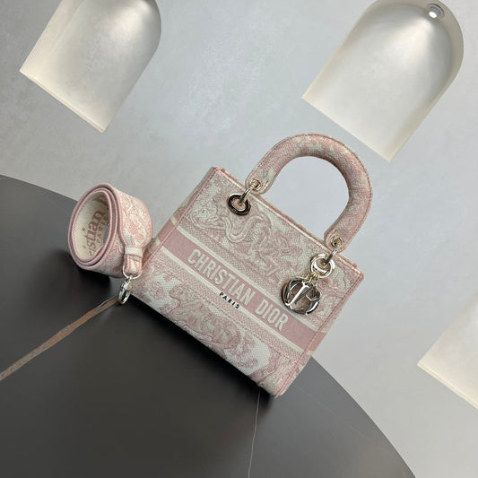 lady d lite 24cm pink embroidered medium handheld shoulder bag 278395