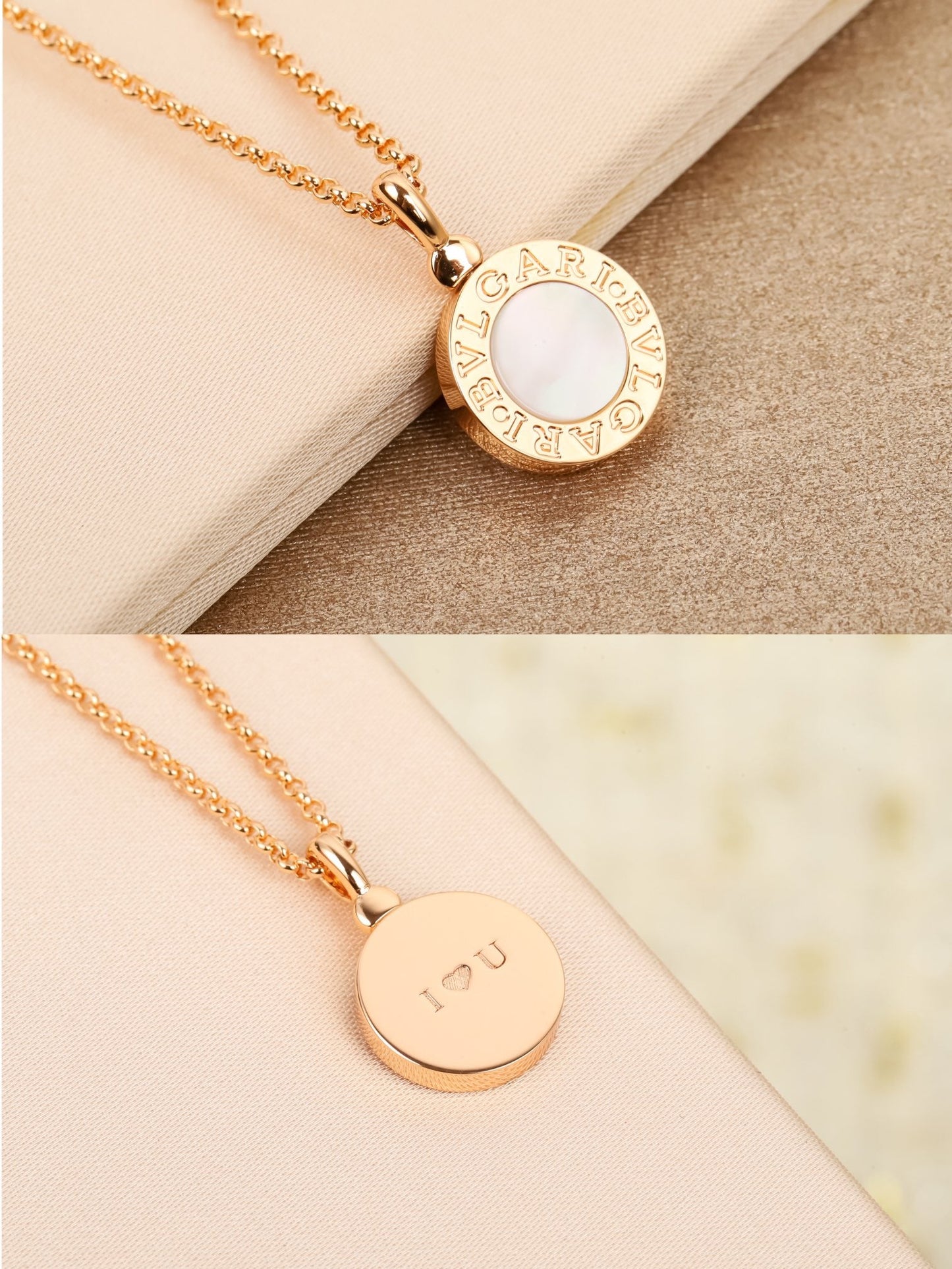 Double sided rose gold white mother of pearl round necklace XLA318