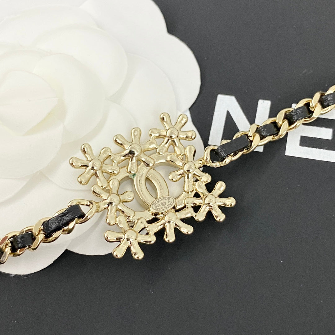 Hollow block flower rhinestone leather necklace XLA287