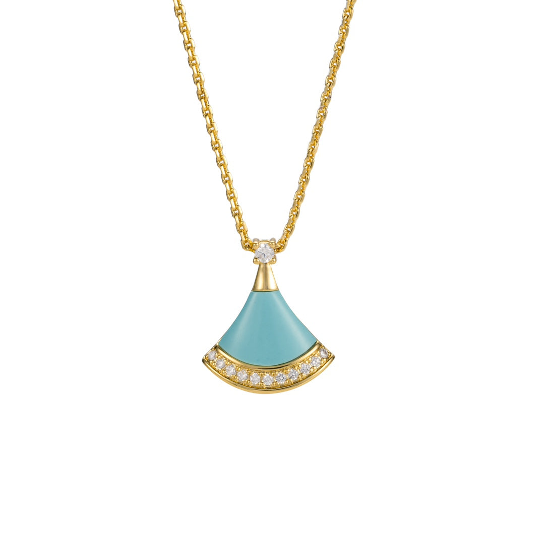 Small Fan Gold Diamond Set Turquoise Necklace XLA365