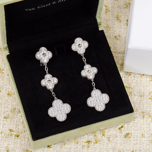 vca three flower full diamond silver earrings eha667