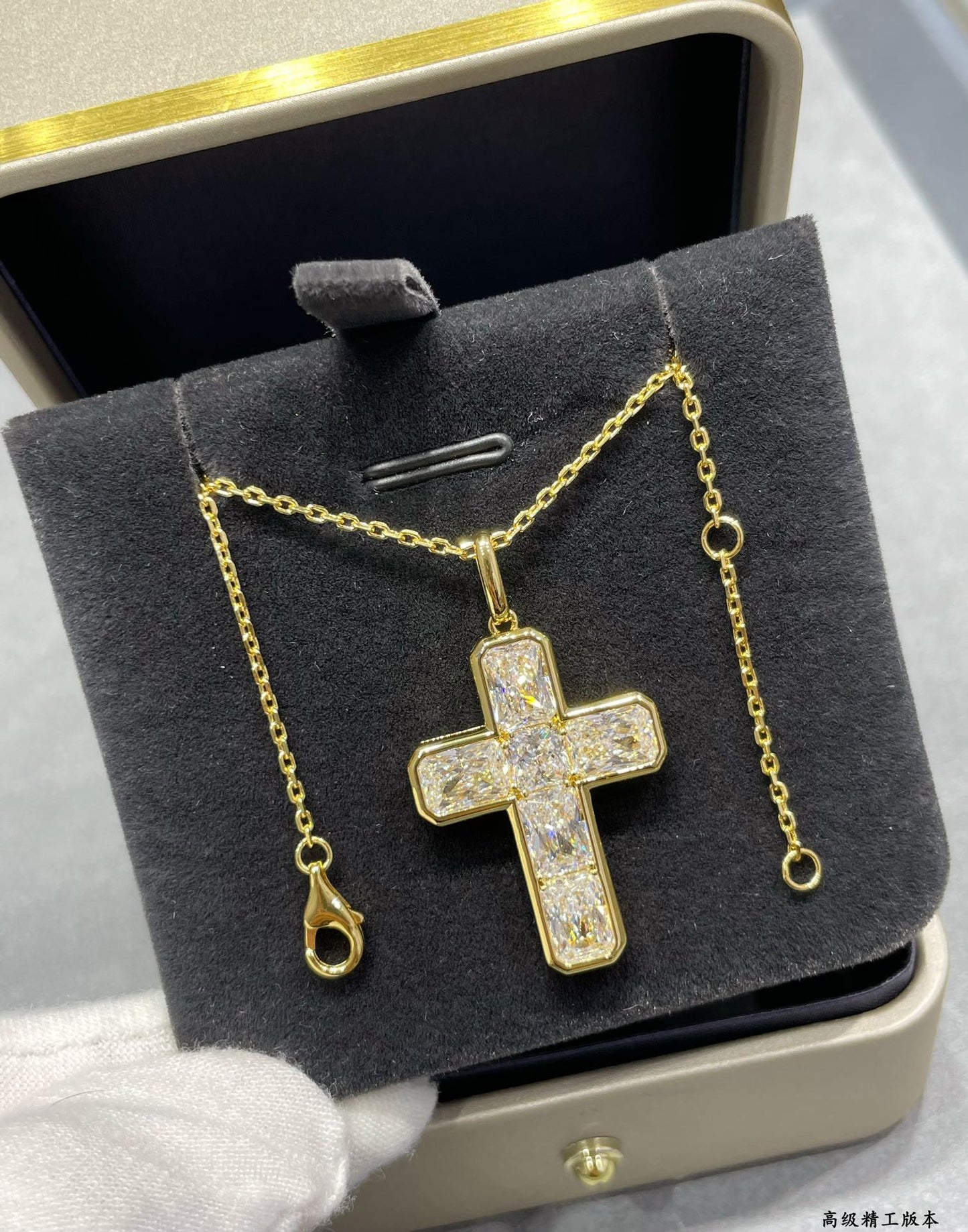 V Gold Ladder Square Diamond Cross Necklace XLA259