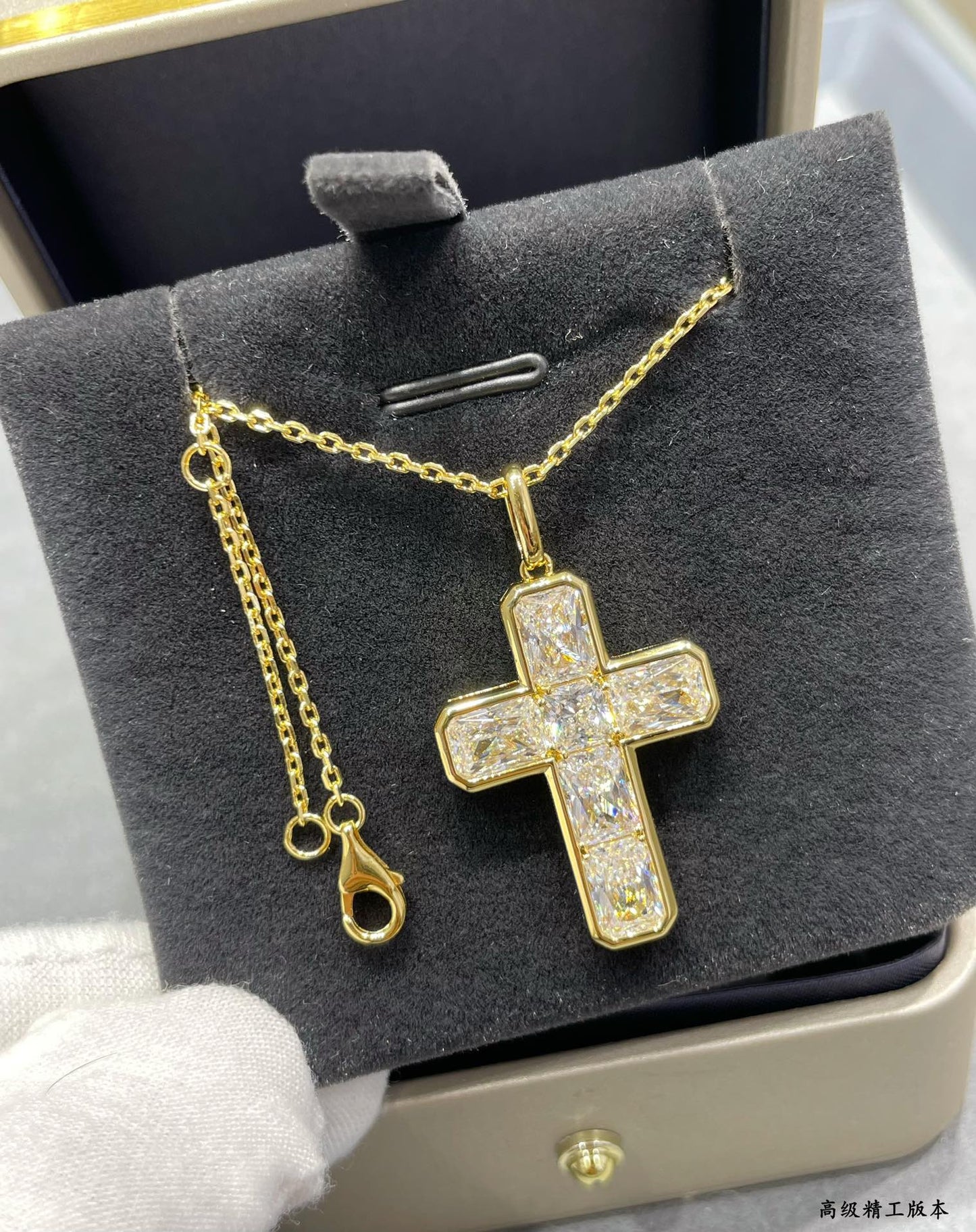 V Gold Ladder Square Diamond Cross Necklace XLA259