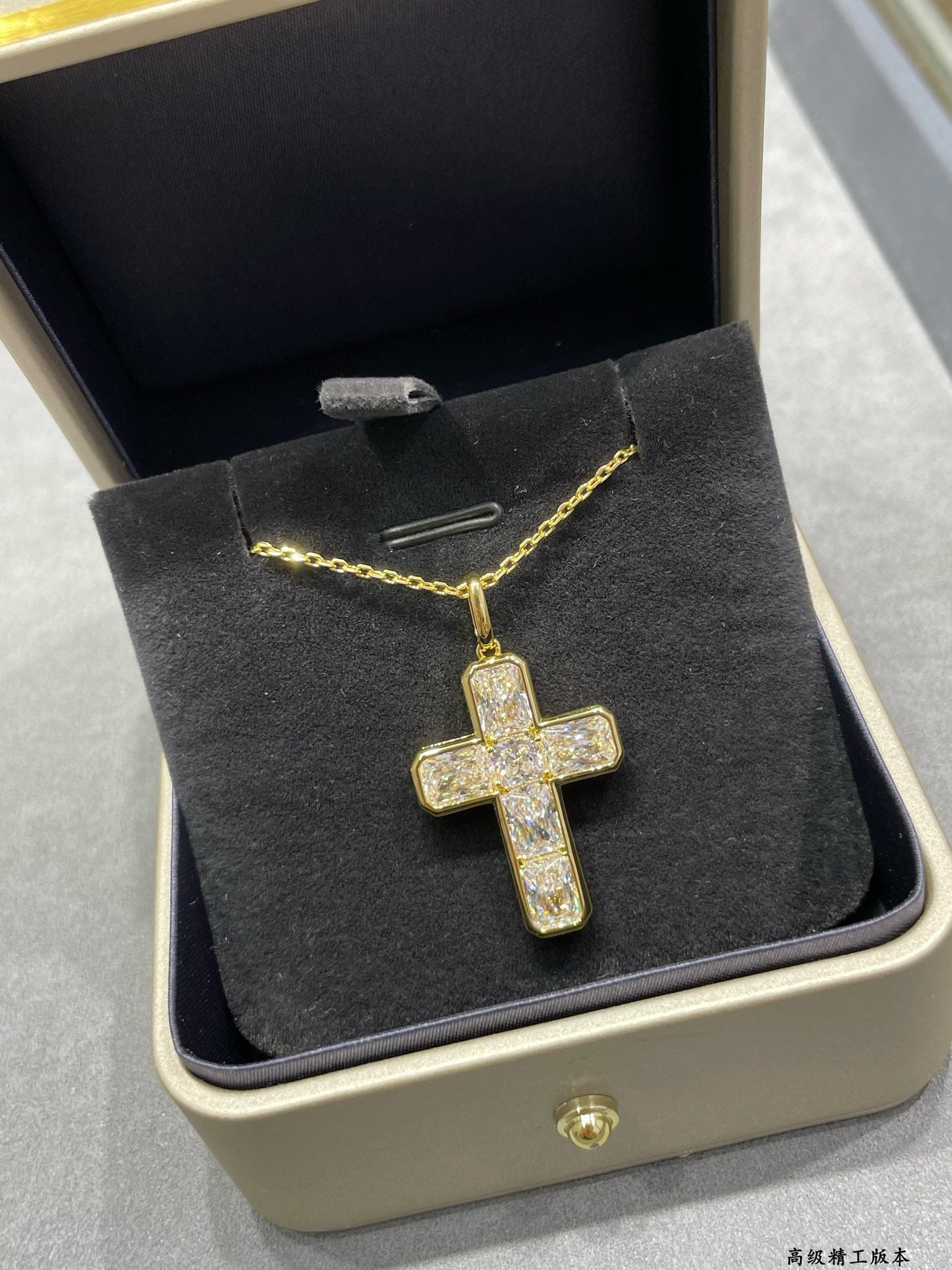 V Gold Ladder Square Diamond Cross Necklace XLA259