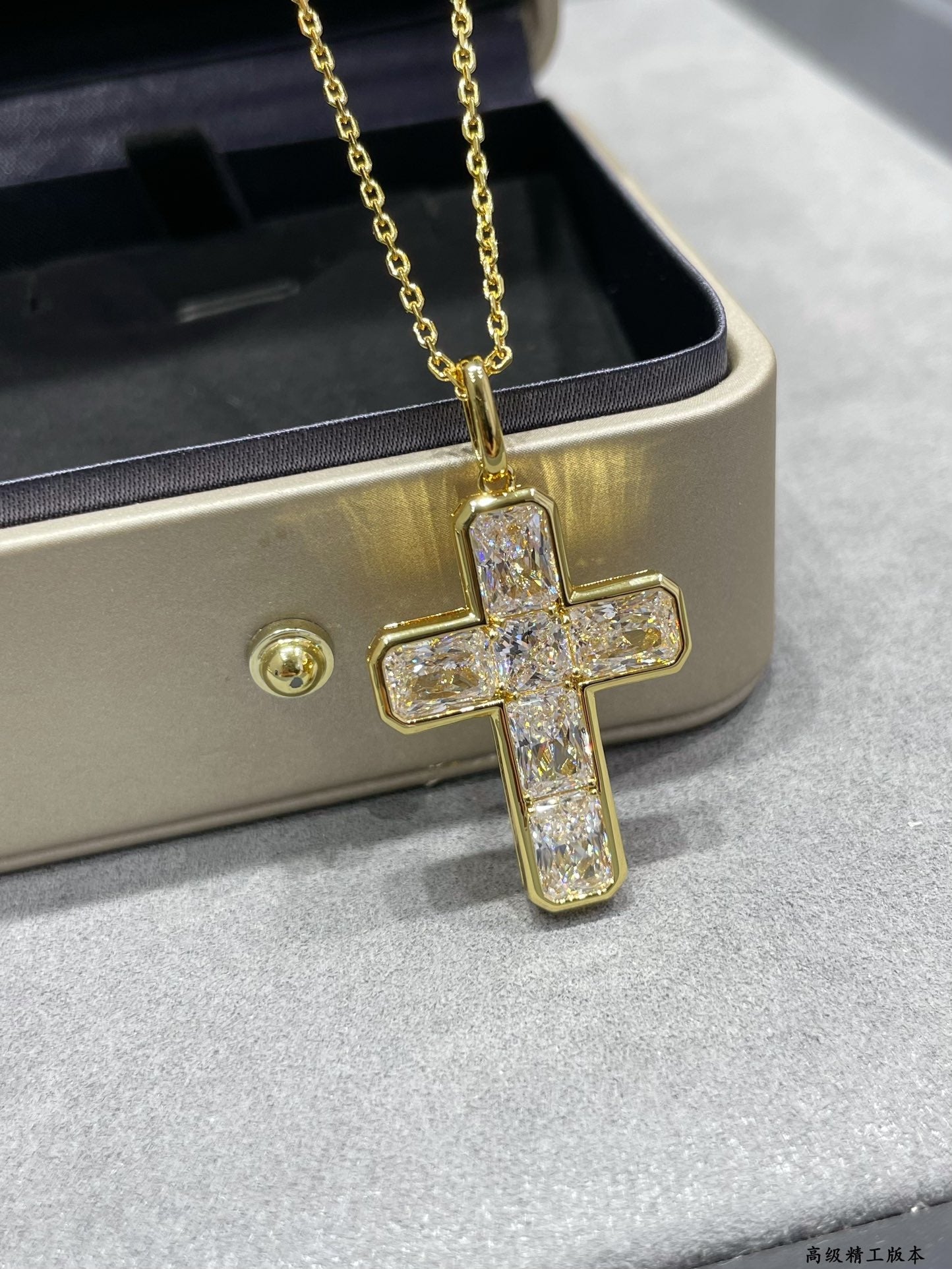 V Gold Ladder Square Diamond Cross Necklace XLA259