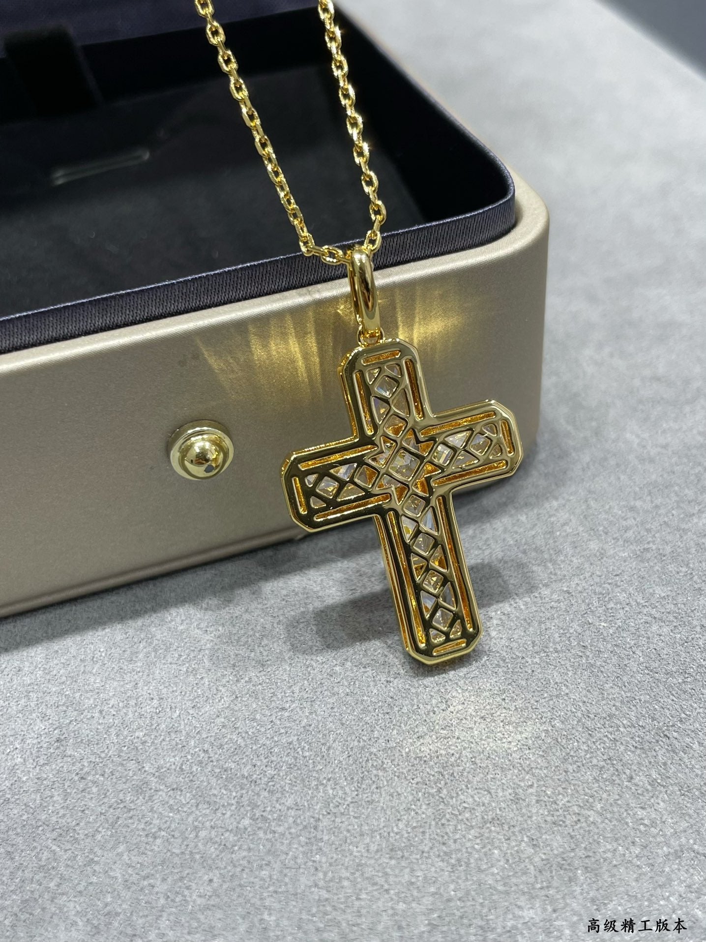 V Gold Ladder Square Diamond Cross Necklace XLA259