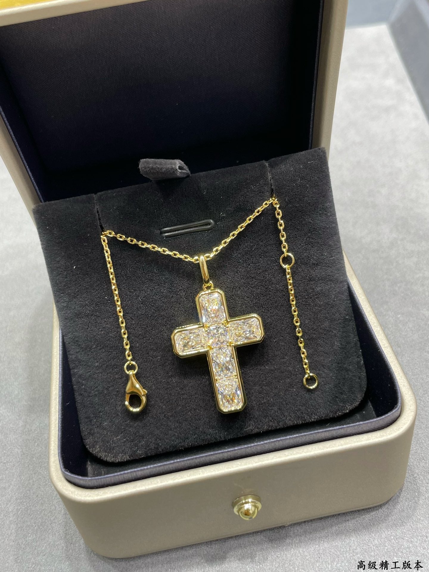 V Gold Ladder Square Diamond Cross Necklace XLA259