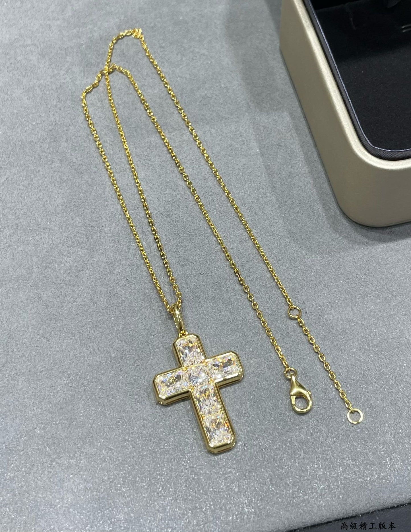 V Gold Ladder Square Diamond Cross Necklace XLA259