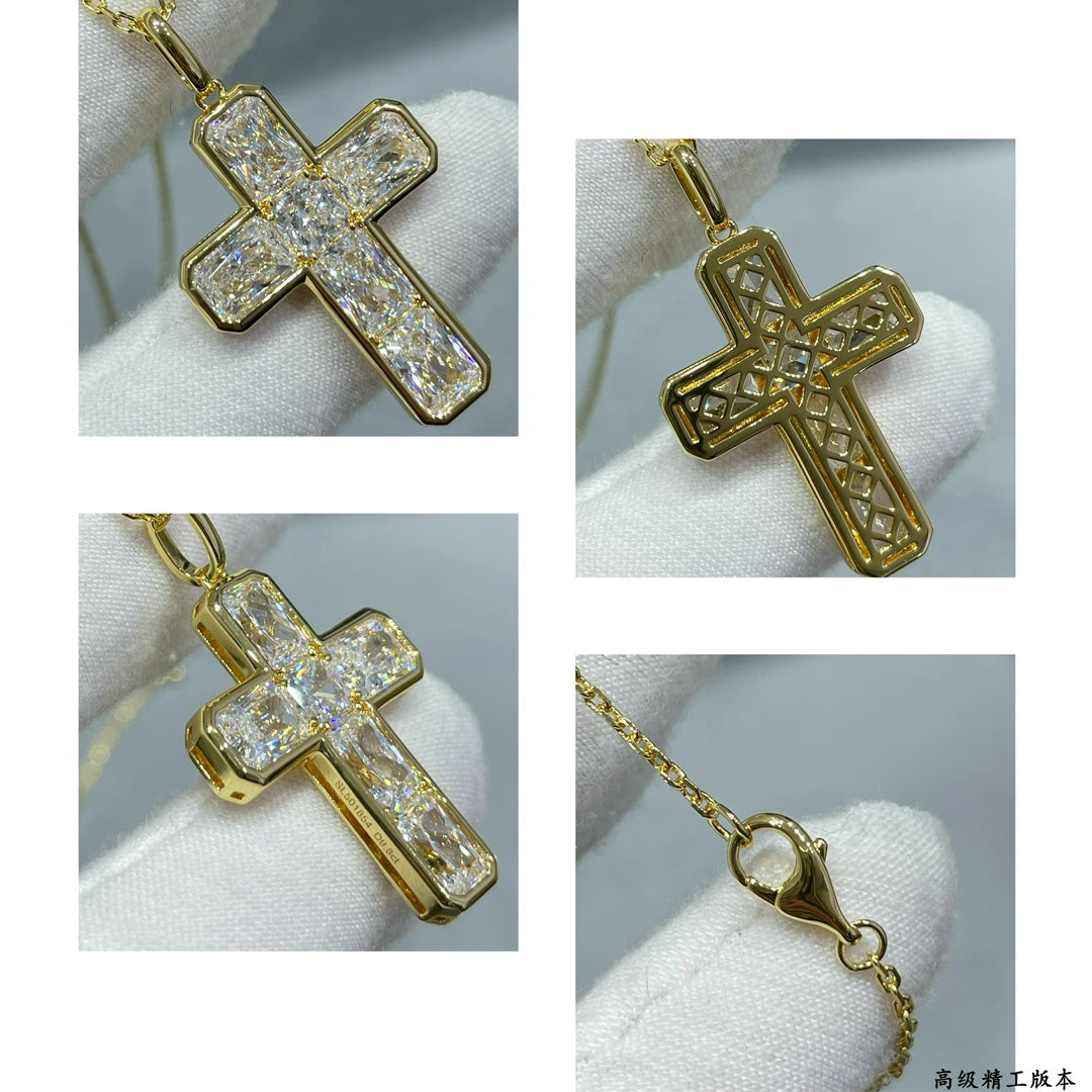 V Gold Ladder Square Diamond Cross Necklace XLA259