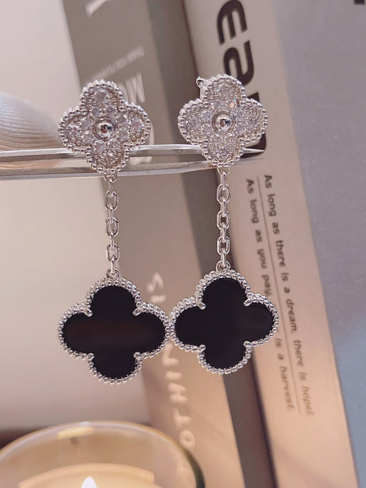 18k rose gold clover double flower black agate earrings eha386
