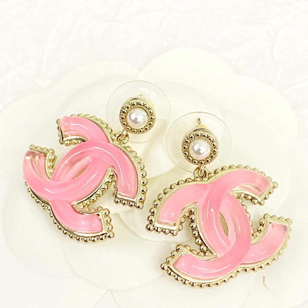 24 Pink Resin Glass Double C Earrings EHA484