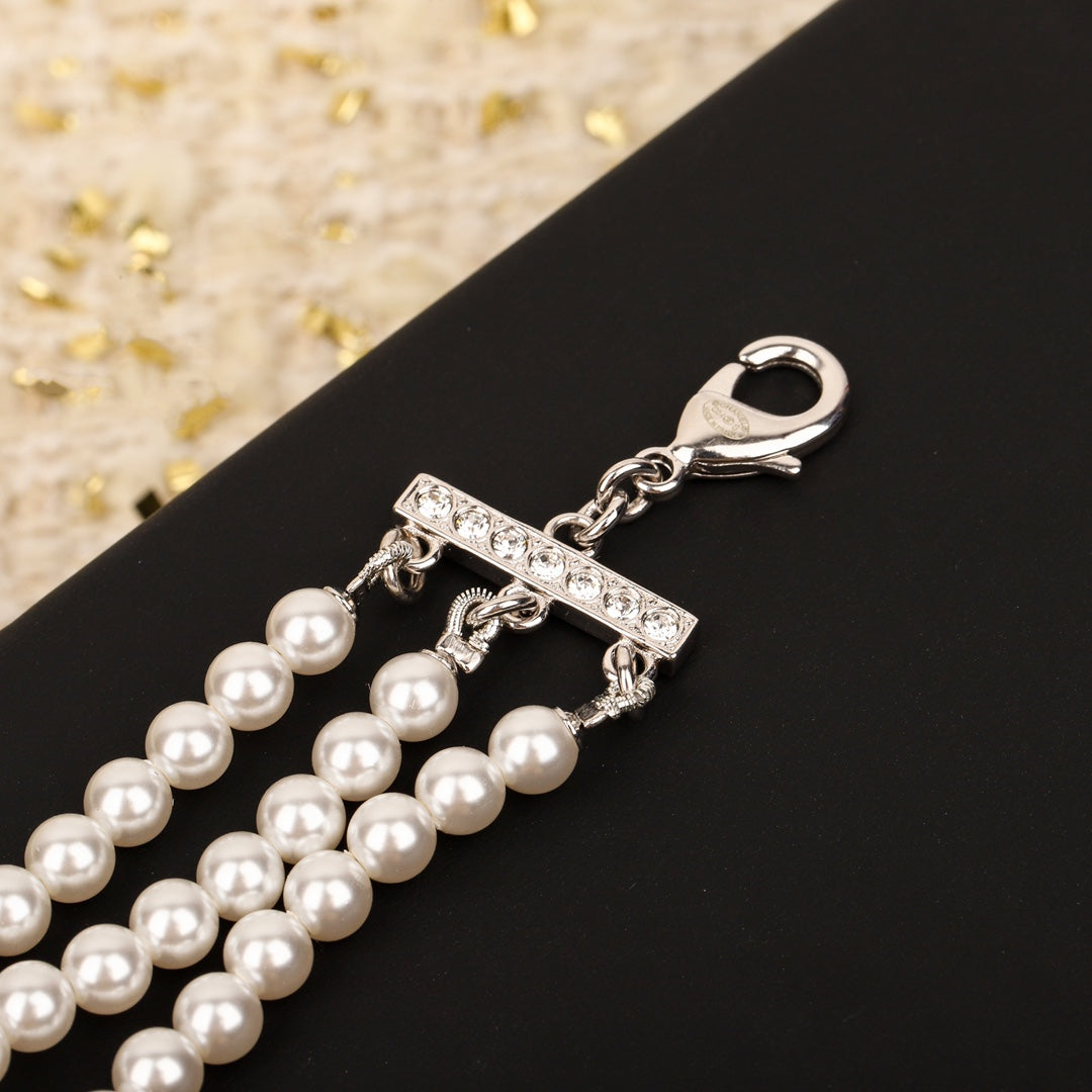 Square three-layer pearl silver necklace XLA387