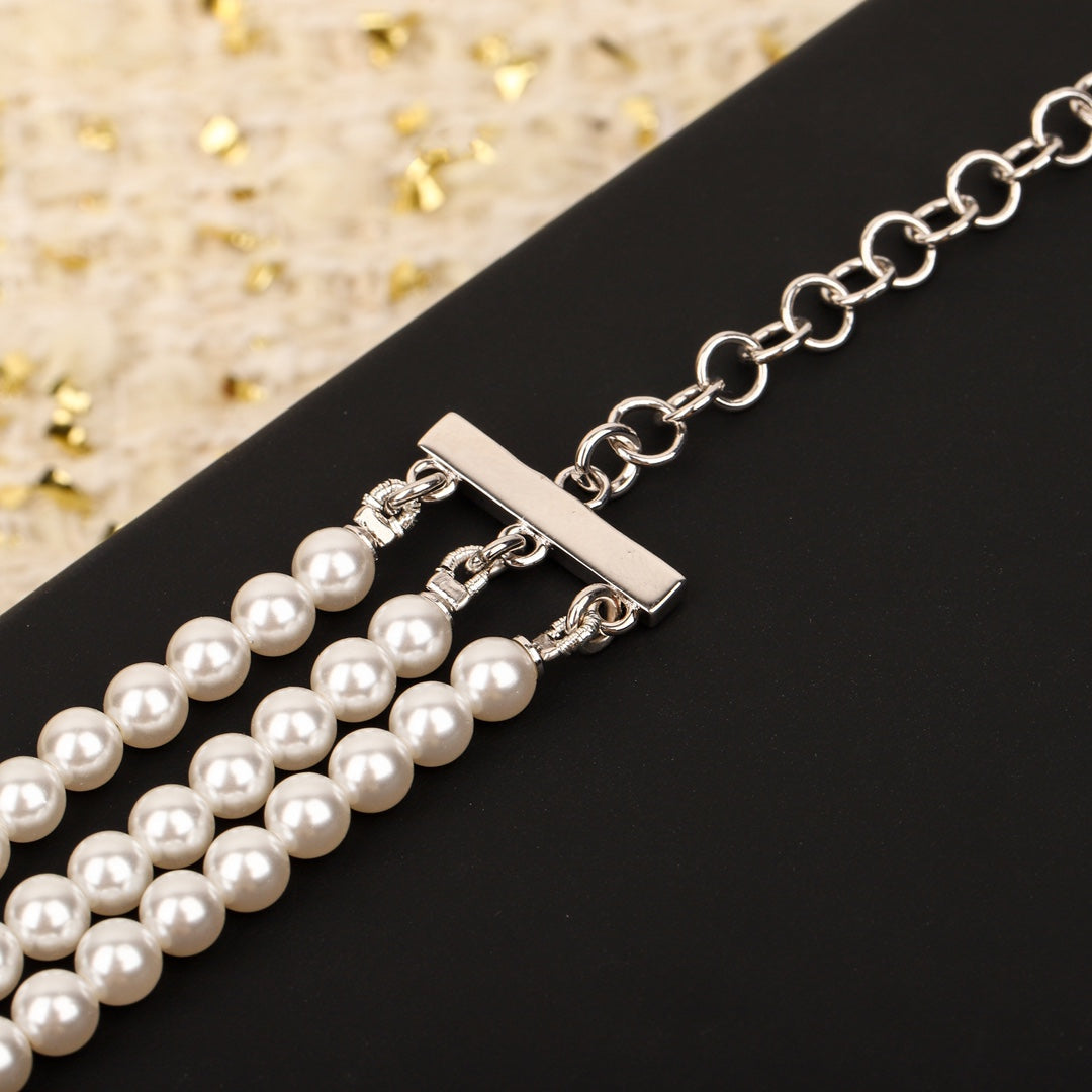 Square three-layer pearl silver necklace XLA387