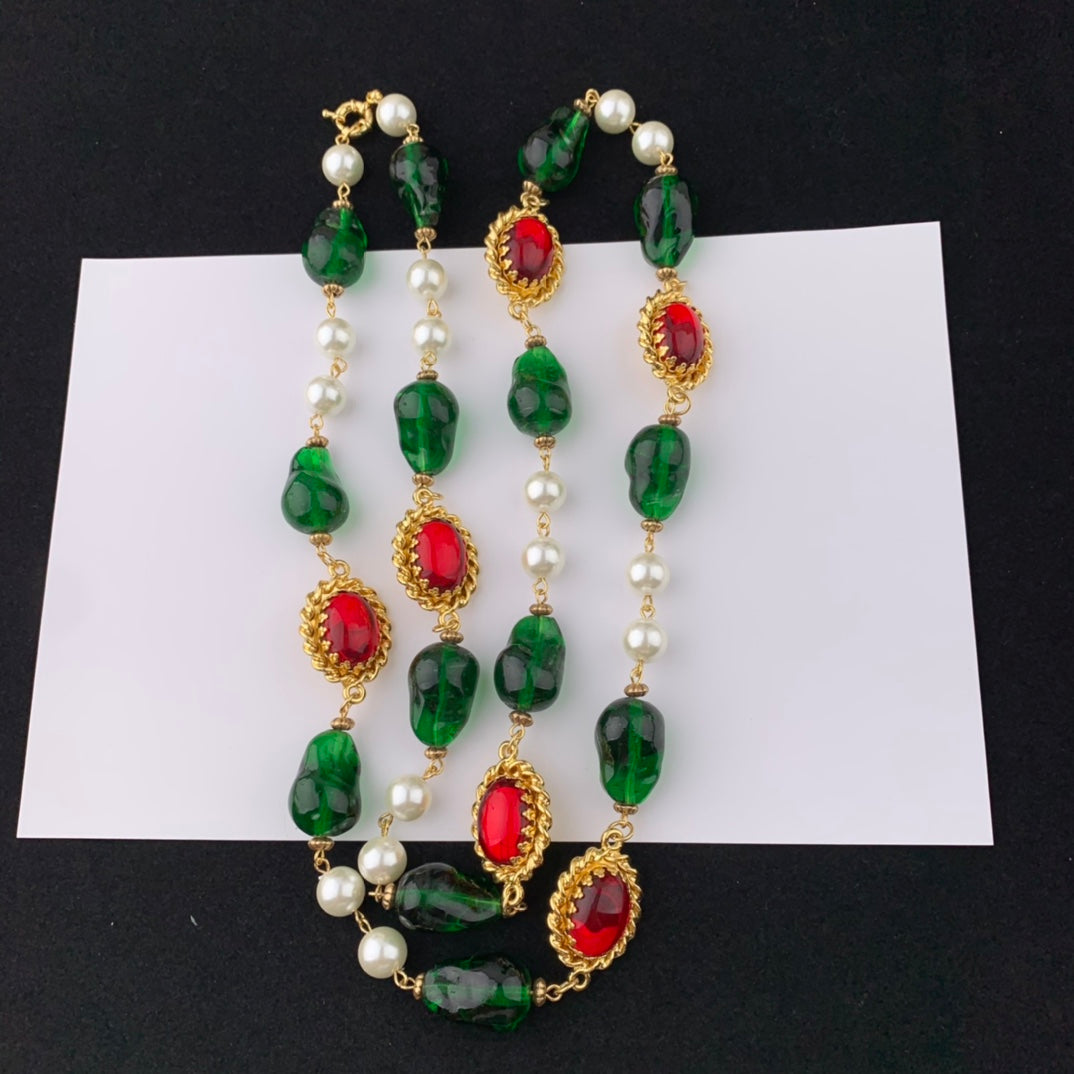 Lion Head Red Diamond Green Bead Sweater Chain YLA06