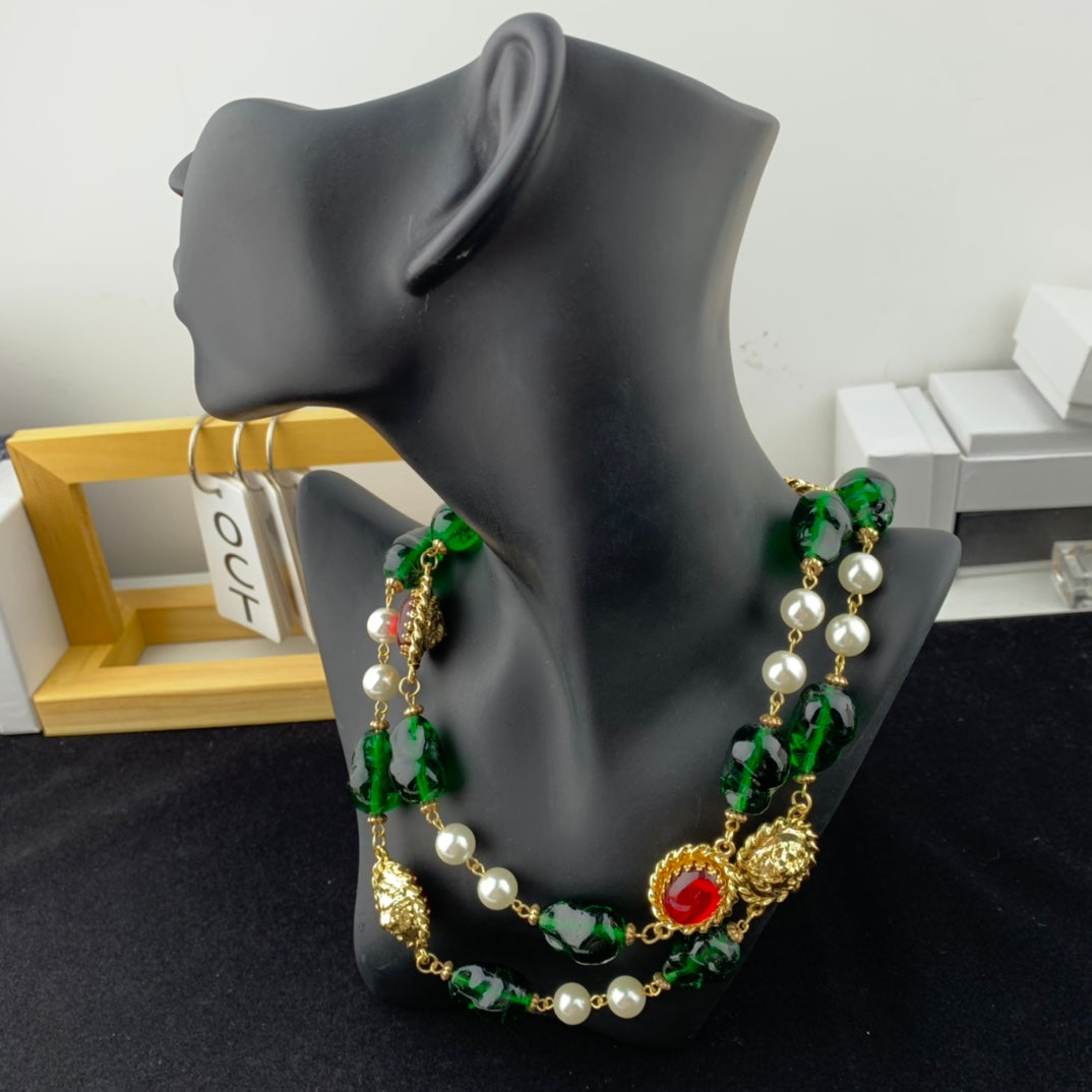 Lion Head Red Diamond Green Bead Sweater Chain YLA06