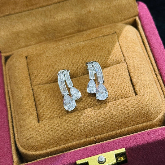 water droplet double row diamond silver earrings eha680