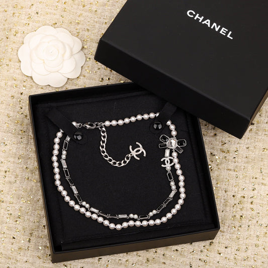 CHA Pearl Bow Silver Necklace XLA395