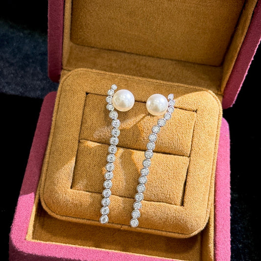 round diamond pearl tassel silver earrings eha641