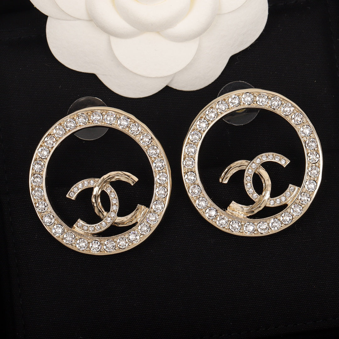 big rhinestone double c yellow gold earrings eha632