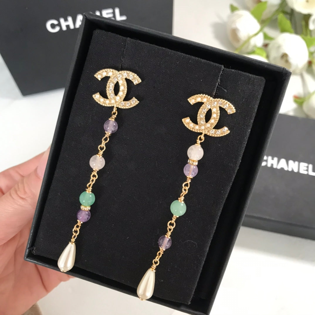 Asymmetric colored pearl pearl tassel earrings EHA502