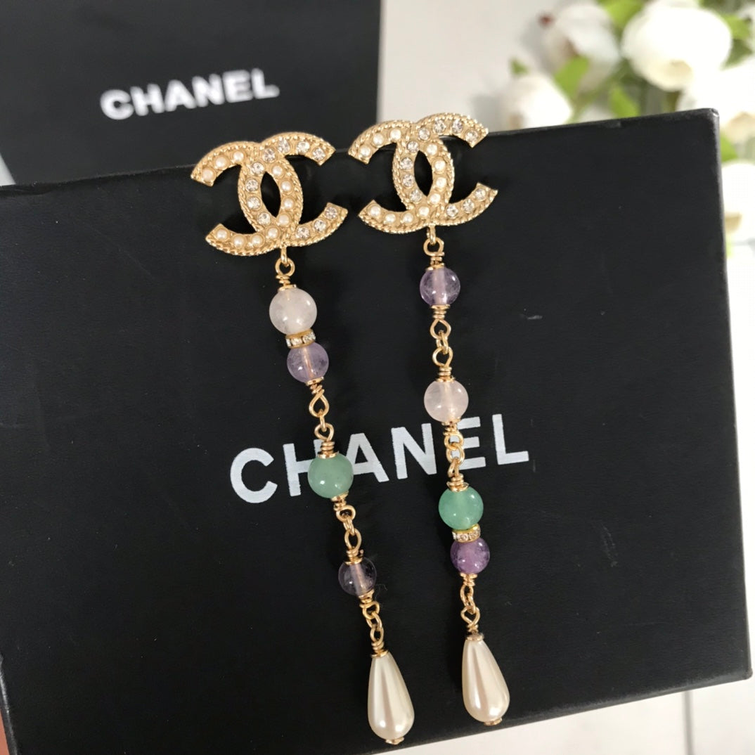 Asymmetric colored pearl pearl tassel earrings EHA502