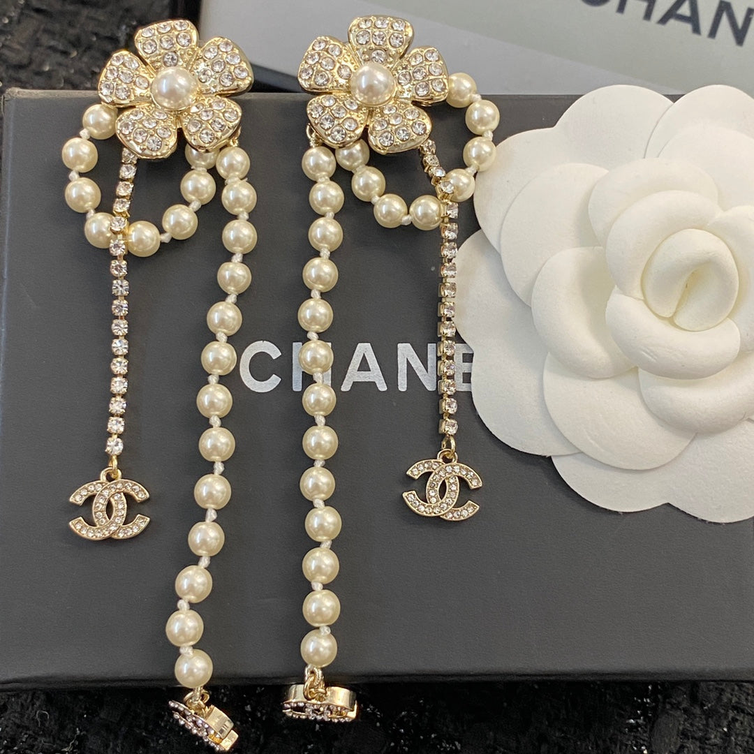 Water Diamond Camellia Pearl tassel Earrings EHA515