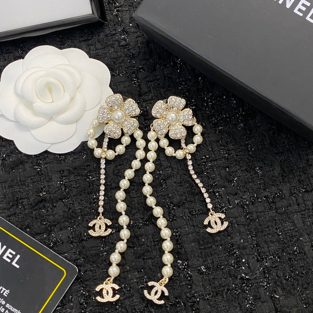 Water Diamond Camellia Pearl tassel Earrings EHA515