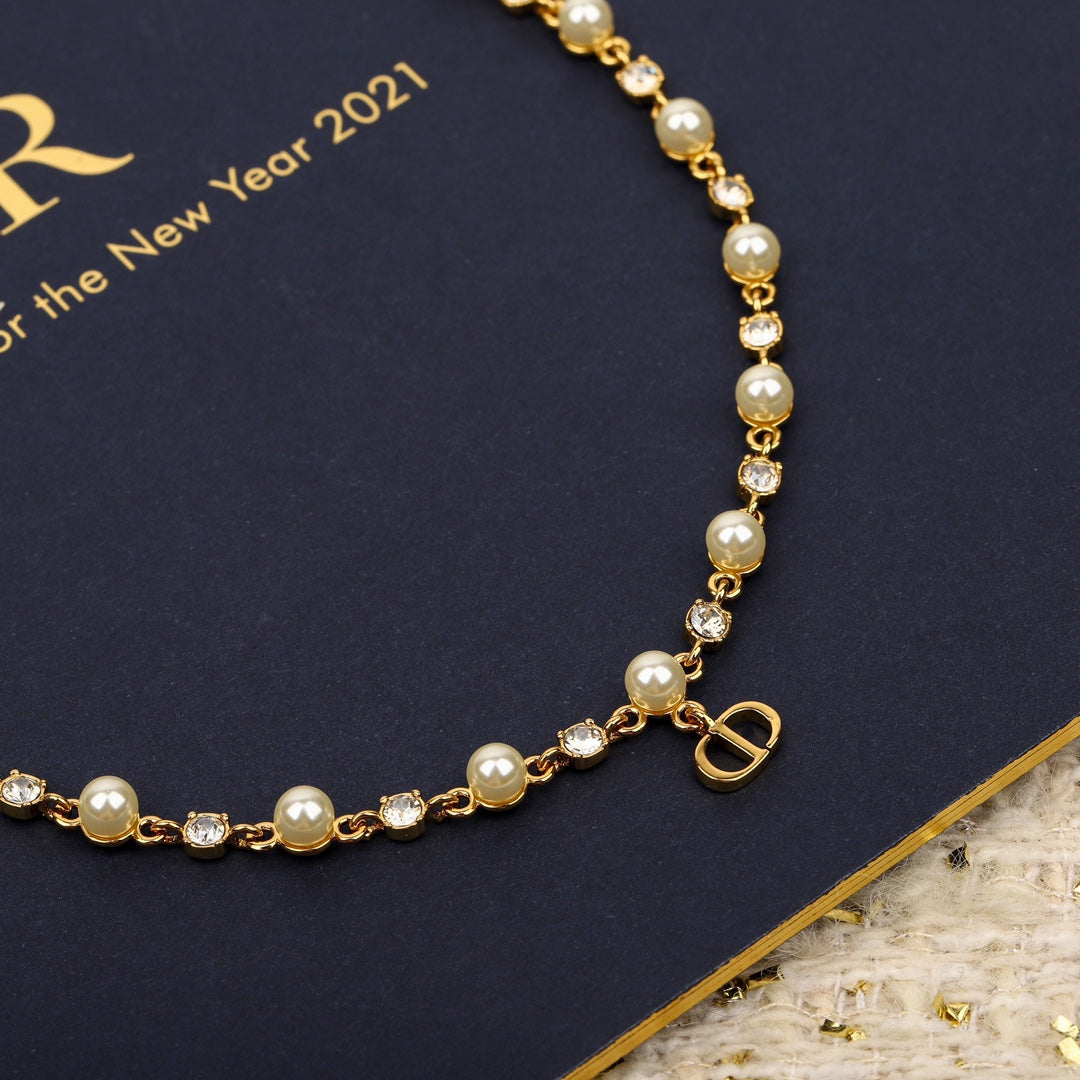 DO single-layer pearl diamond yellow gold necklace XLA394