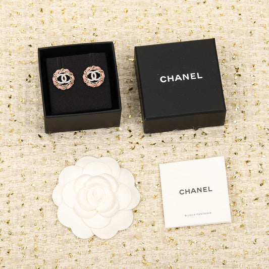 cha round double c leather wearing pink earrings eha646