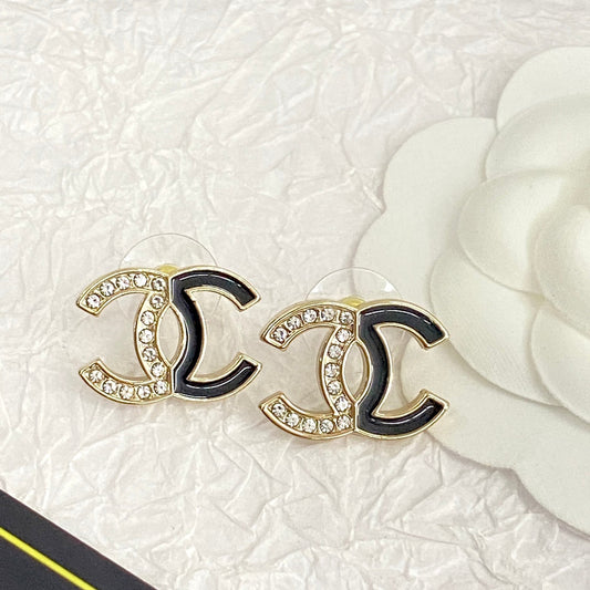 Black enamel half diamond double c earrings EHA543